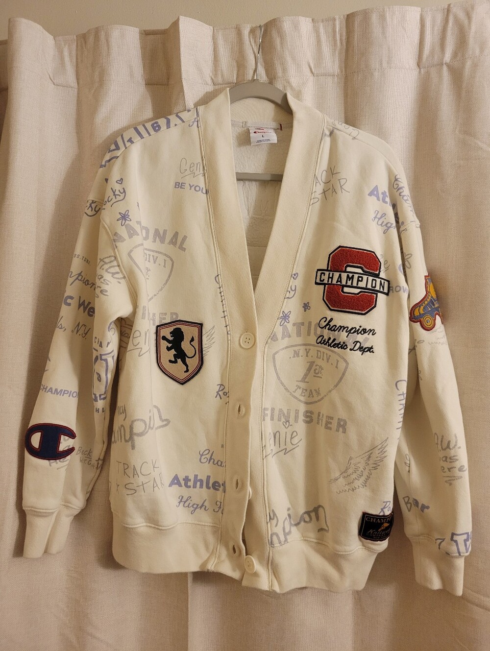 Champion Cream Kids Logo Patch Cardigan with Athletic Graphics